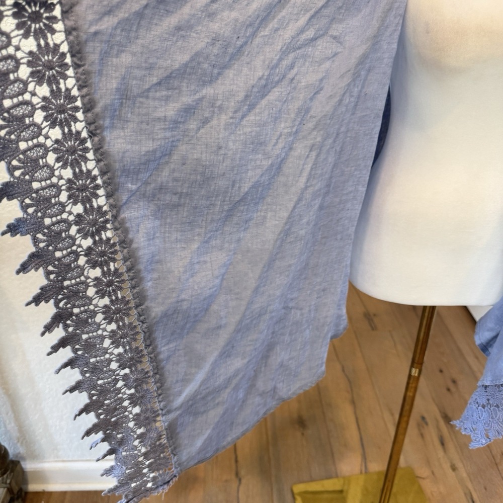 Ruby Rd Blue 100%‎ Linen Vest Open Wrap Waterfall Crochet Coastal Beachy Sz PM - Picture 3 of 7